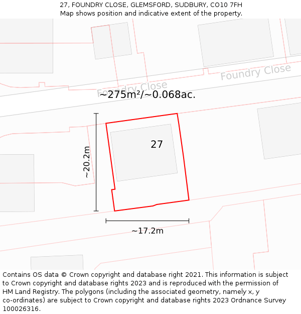 27, FOUNDRY CLOSE, GLEMSFORD, SUDBURY, CO10 7FH: Plot and title map
