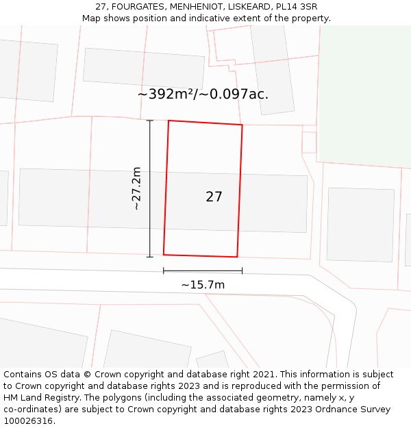 27, FOURGATES, MENHENIOT, LISKEARD, PL14 3SR: Plot and title map