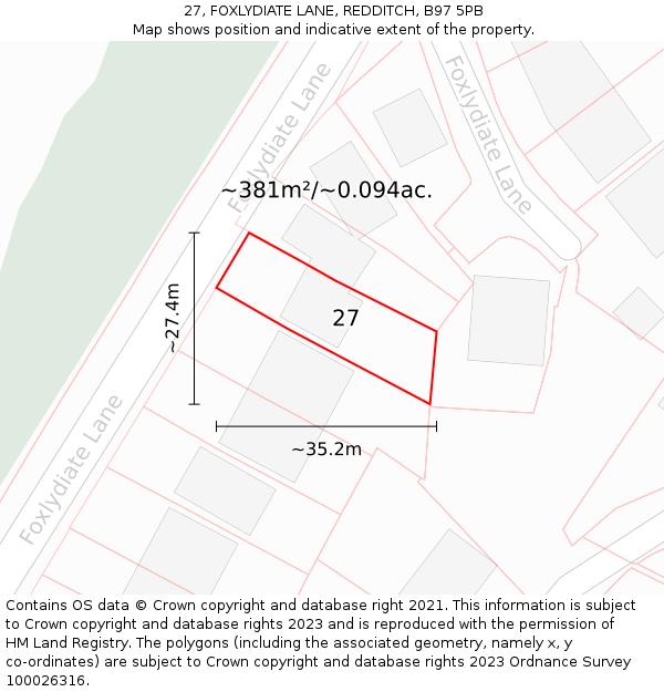27, FOXLYDIATE LANE, REDDITCH, B97 5PB: Plot and title map