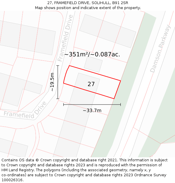 27, FRAMEFIELD DRIVE, SOLIHULL, B91 2SR: Plot and title map