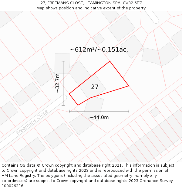 27, FREEMANS CLOSE, LEAMINGTON SPA, CV32 6EZ: Plot and title map