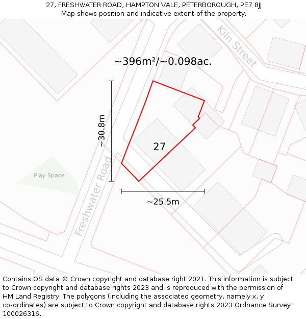 27, FRESHWATER ROAD, HAMPTON VALE, PETERBOROUGH, PE7 8JJ: Plot and title map