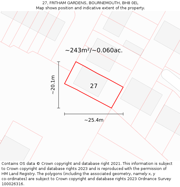 27, FRITHAM GARDENS, BOURNEMOUTH, BH8 0EL: Plot and title map