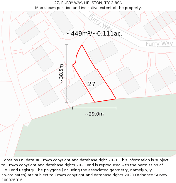 27, FURRY WAY, HELSTON, TR13 8SN: Plot and title map