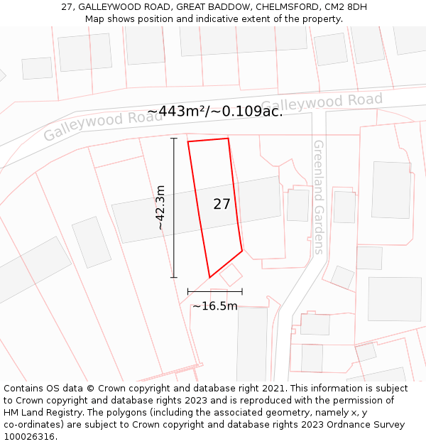 27, GALLEYWOOD ROAD, GREAT BADDOW, CHELMSFORD, CM2 8DH: Plot and title map