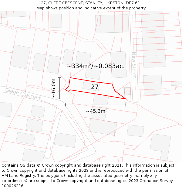27, GLEBE CRESCENT, STANLEY, ILKESTON, DE7 6FL: Plot and title map