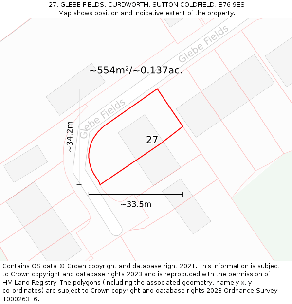 27, GLEBE FIELDS, CURDWORTH, SUTTON COLDFIELD, B76 9ES: Plot and title map