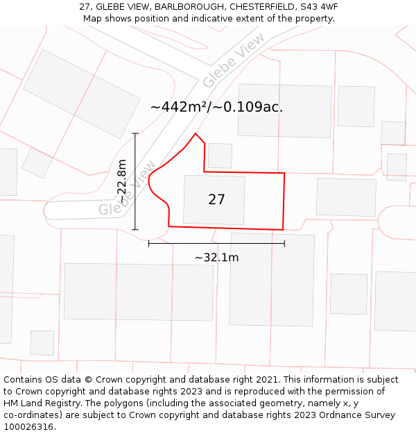 27, GLEBE VIEW, BARLBOROUGH, CHESTERFIELD, S43 4WF: Plot and title map