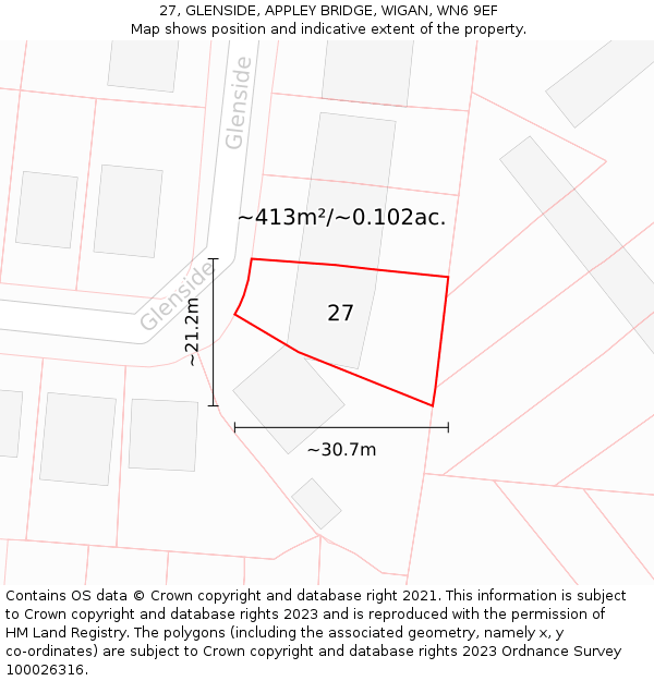 27, GLENSIDE, APPLEY BRIDGE, WIGAN, WN6 9EF: Plot and title map