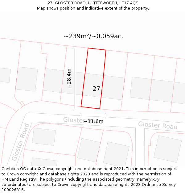 27, GLOSTER ROAD, LUTTERWORTH, LE17 4QS: Plot and title map