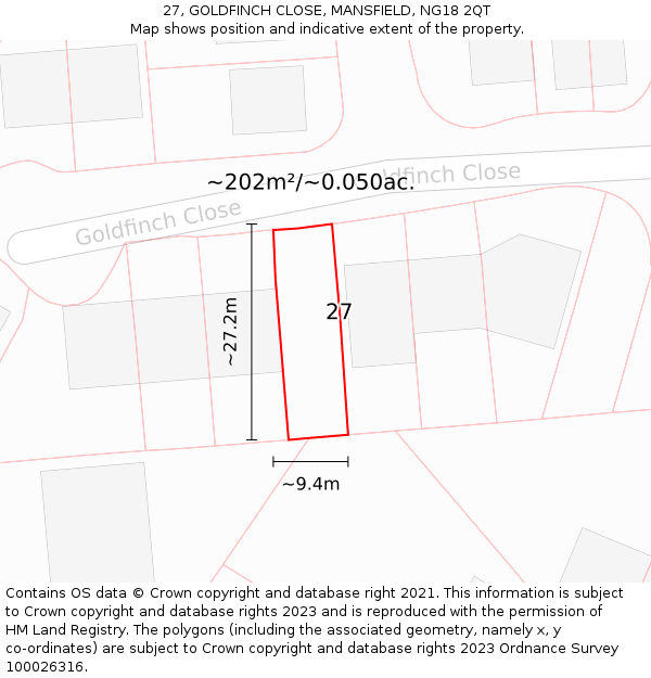 27, GOLDFINCH CLOSE, MANSFIELD, NG18 2QT: Plot and title map
