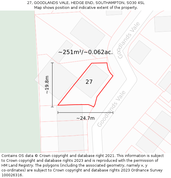 27, GOODLANDS VALE, HEDGE END, SOUTHAMPTON, SO30 4SL: Plot and title map