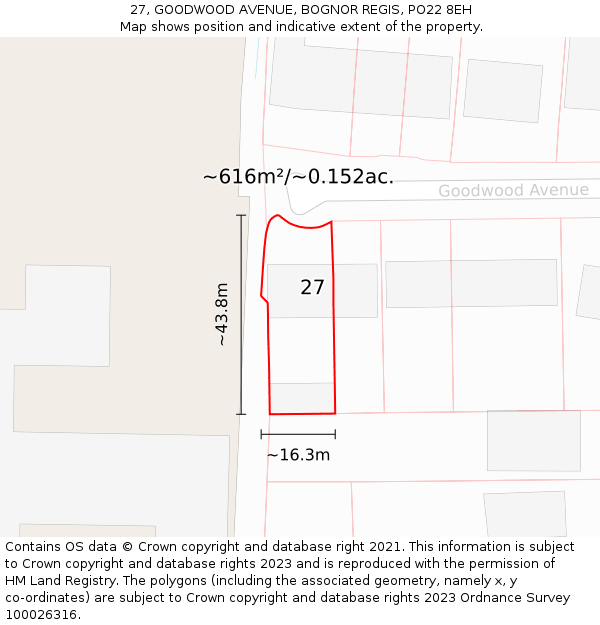 27, GOODWOOD AVENUE, BOGNOR REGIS, PO22 8EH: Plot and title map