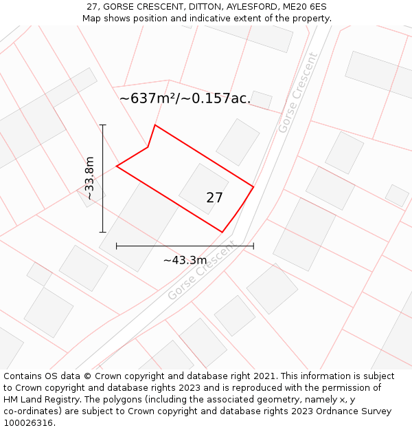 27, GORSE CRESCENT, DITTON, AYLESFORD, ME20 6ES: Plot and title map