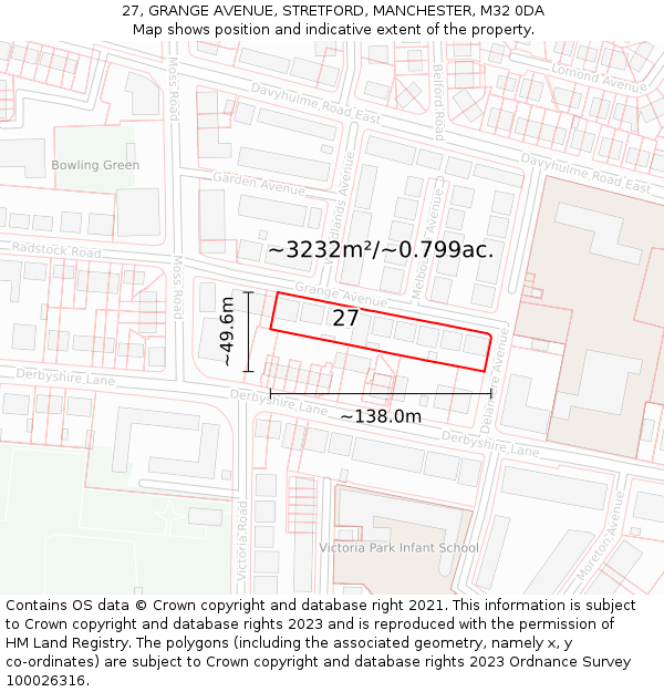 27, GRANGE AVENUE, STRETFORD, MANCHESTER, M32 0DA: Plot and title map