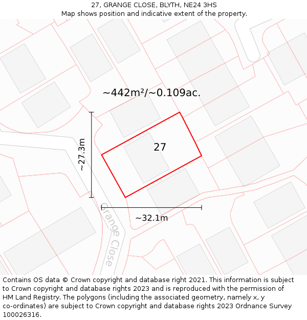 27, GRANGE CLOSE, BLYTH, NE24 3HS: Plot and title map
