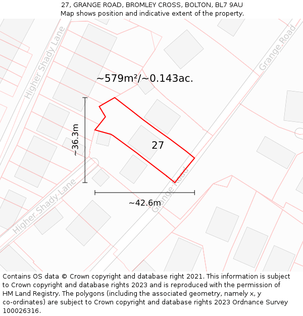 27, GRANGE ROAD, BROMLEY CROSS, BOLTON, BL7 9AU: Plot and title map