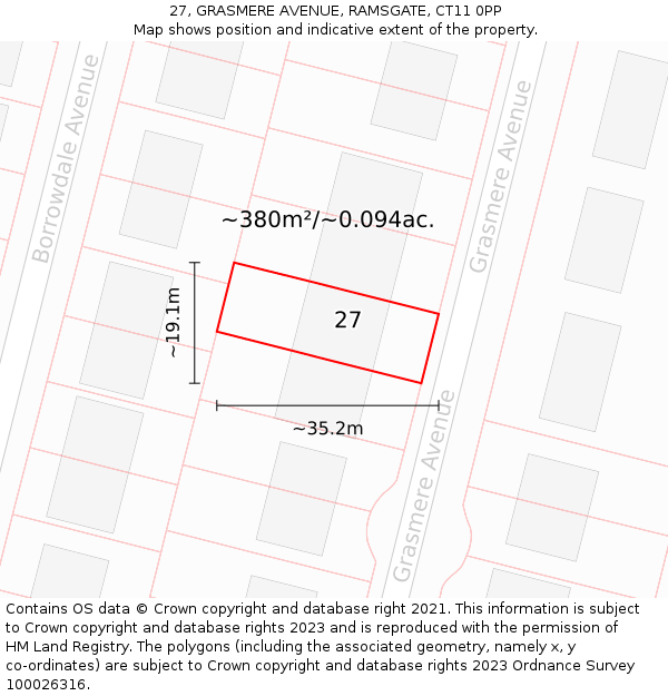 27, GRASMERE AVENUE, RAMSGATE, CT11 0PP: Plot and title map