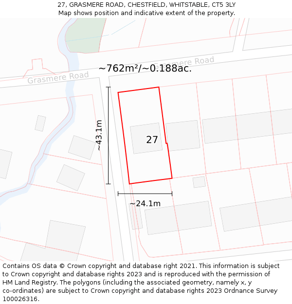 27, GRASMERE ROAD, CHESTFIELD, WHITSTABLE, CT5 3LY: Plot and title map