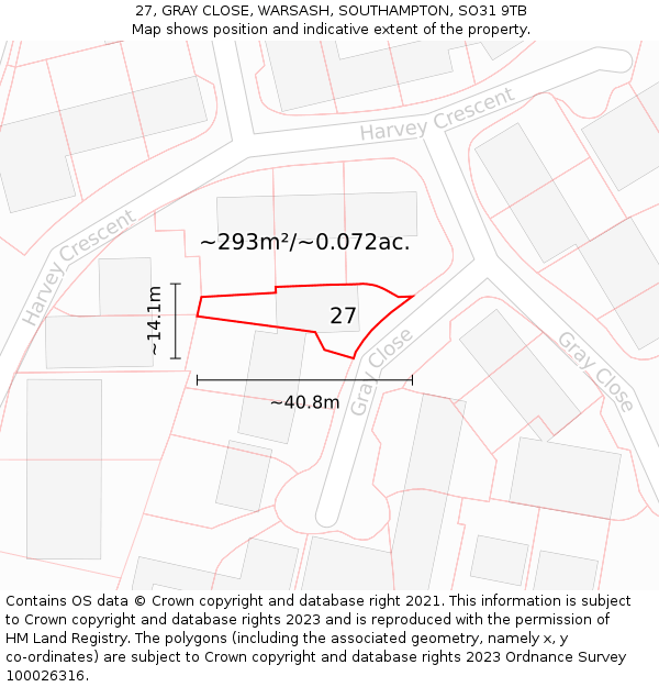 27, GRAY CLOSE, WARSASH, SOUTHAMPTON, SO31 9TB: Plot and title map