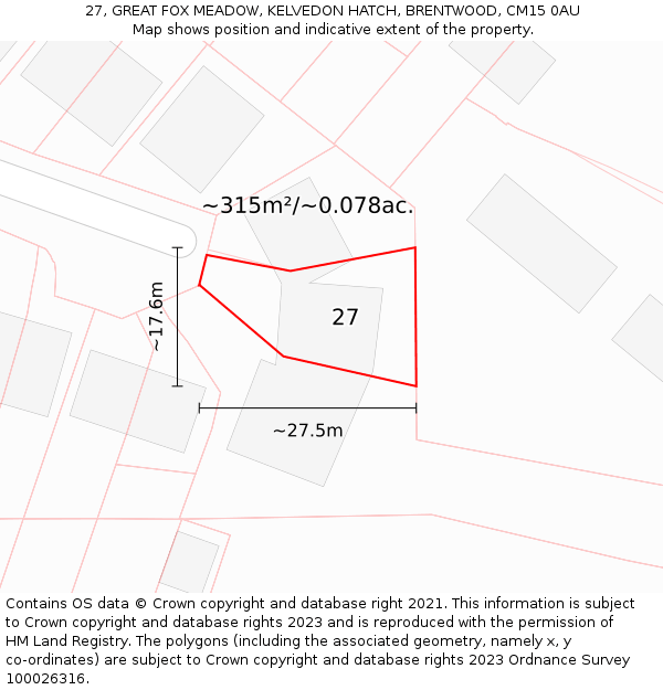 27, GREAT FOX MEADOW, KELVEDON HATCH, BRENTWOOD, CM15 0AU: Plot and title map
