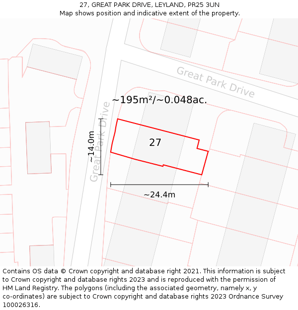 27, GREAT PARK DRIVE, LEYLAND, PR25 3UN: Plot and title map