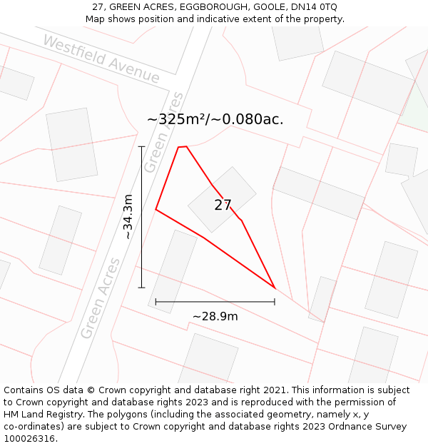 27, GREEN ACRES, EGGBOROUGH, GOOLE, DN14 0TQ: Plot and title map