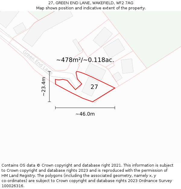 27, GREEN END LANE, WAKEFIELD, WF2 7AG: Plot and title map
