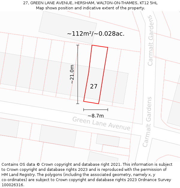 27, GREEN LANE AVENUE, HERSHAM, WALTON-ON-THAMES, KT12 5HL: Plot and title map