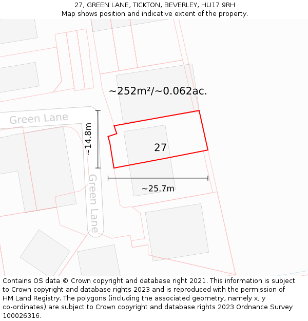 27, GREEN LANE, TICKTON, BEVERLEY, HU17 9RH: Plot and title map