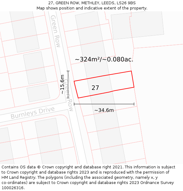 27, GREEN ROW, METHLEY, LEEDS, LS26 9BS: Plot and title map