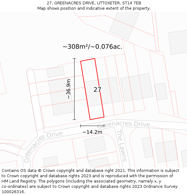 27, GREENACRES DRIVE, UTTOXETER, ST14 7EB: Plot and title map