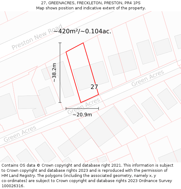 27, GREENACRES, FRECKLETON, PRESTON, PR4 1PS: Plot and title map
