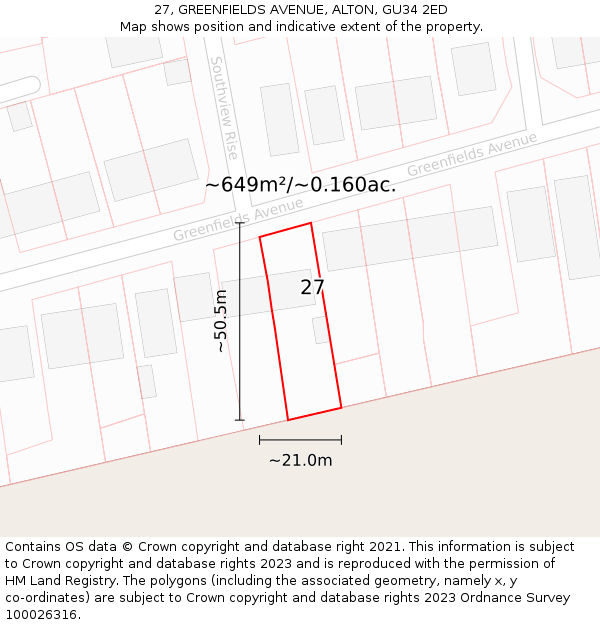 27, GREENFIELDS AVENUE, ALTON, GU34 2ED: Plot and title map