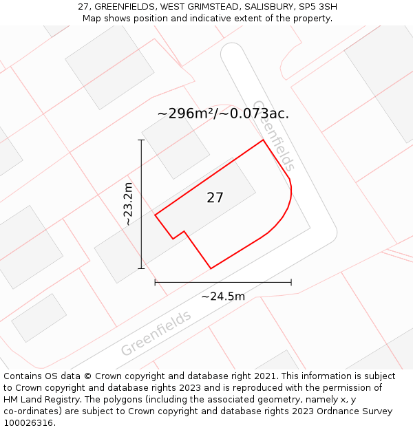 27, GREENFIELDS, WEST GRIMSTEAD, SALISBURY, SP5 3SH: Plot and title map