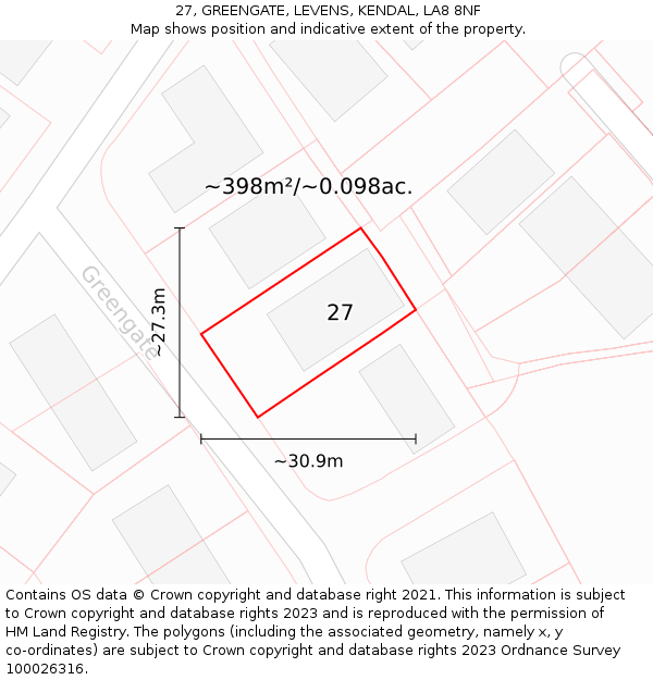 27, GREENGATE, LEVENS, KENDAL, LA8 8NF: Plot and title map