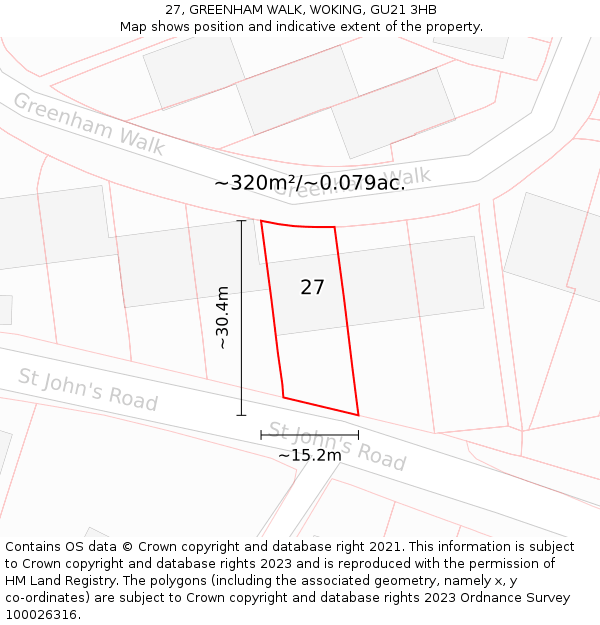 27, GREENHAM WALK, WOKING, GU21 3HB: Plot and title map
