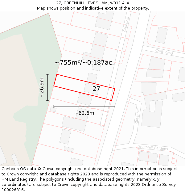 27, GREENHILL, EVESHAM, WR11 4LX: Plot and title map