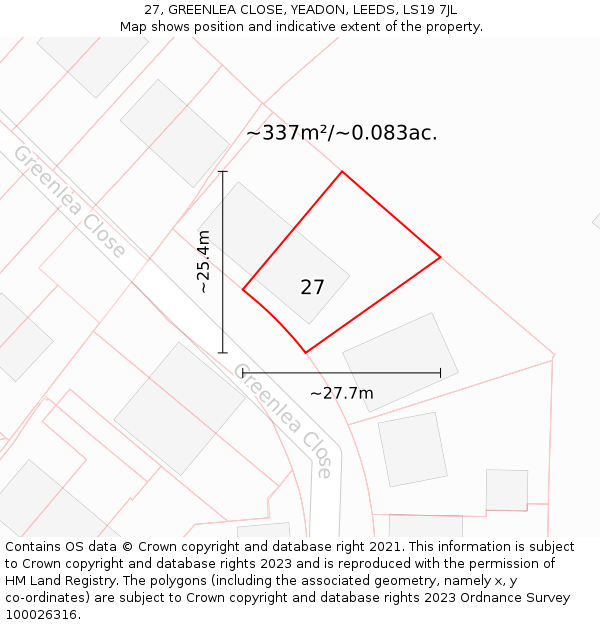 27, GREENLEA CLOSE, YEADON, LEEDS, LS19 7JL: Plot and title map