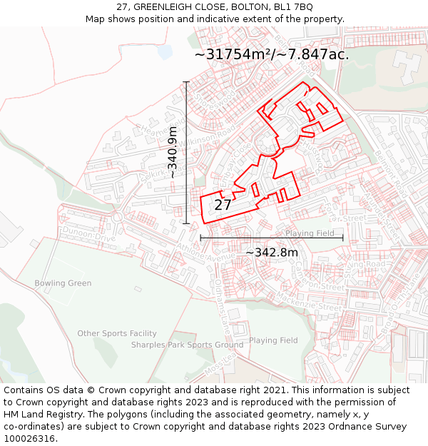 27, GREENLEIGH CLOSE, BOLTON, BL1 7BQ: Plot and title map