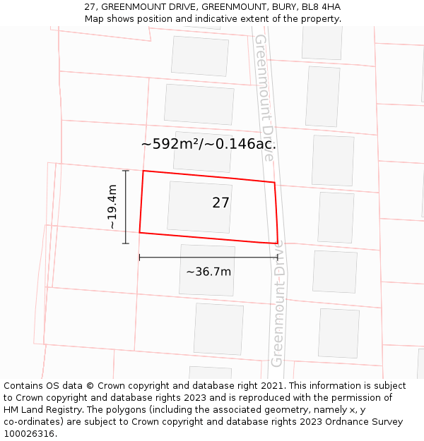 27, GREENMOUNT DRIVE, GREENMOUNT, BURY, BL8 4HA: Plot and title map