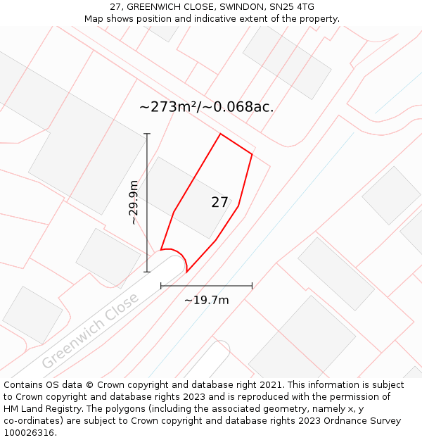 27, GREENWICH CLOSE, SWINDON, SN25 4TG: Plot and title map