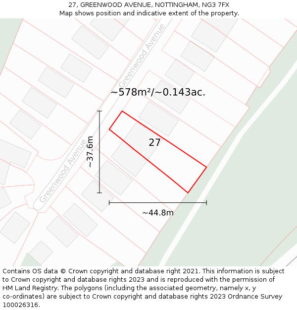 27, GREENWOOD AVENUE, NOTTINGHAM, NG3 7FX: Plot and title map