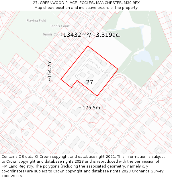 27, GREENWOOD PLACE, ECCLES, MANCHESTER, M30 9EX: Plot and title map