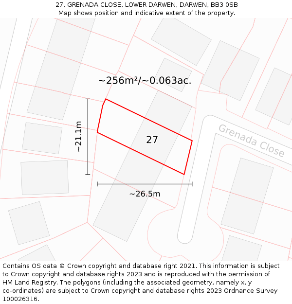 27, GRENADA CLOSE, LOWER DARWEN, DARWEN, BB3 0SB: Plot and title map