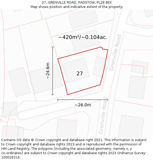 27, GRENVILLE ROAD, PADSTOW, PL28 8EX: Plot and title map
