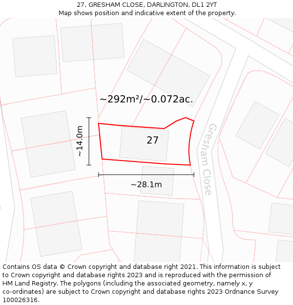 27, GRESHAM CLOSE, DARLINGTON, DL1 2YT: Plot and title map