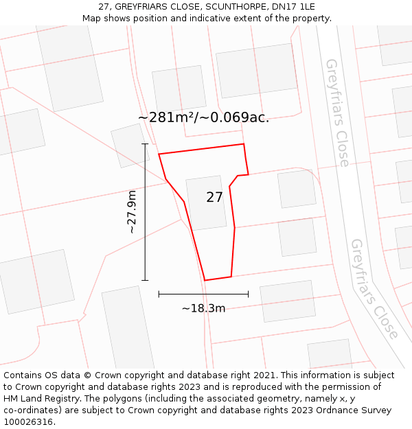 27, GREYFRIARS CLOSE, SCUNTHORPE, DN17 1LE: Plot and title map