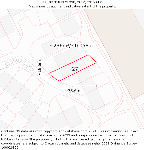 27, GRIFFITHS CLOSE, YARM, TS15 9TZ: Plot and title map