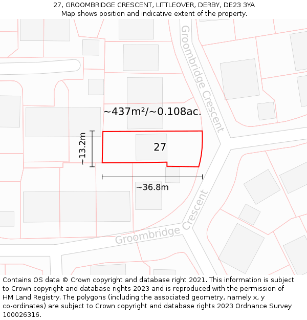 27, GROOMBRIDGE CRESCENT, LITTLEOVER, DERBY, DE23 3YA: Plot and title map